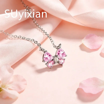 925 Sterling Silver Stylish Sweet Pink Bow Zircon Necklace Birthday Party Anniversary Gift Ladies Jewelry