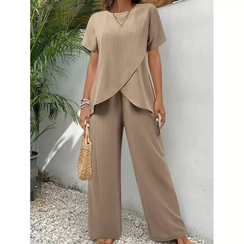 2 Pieces Women Sets Summer Short-Sleeved Irregular Round-Neck Loose