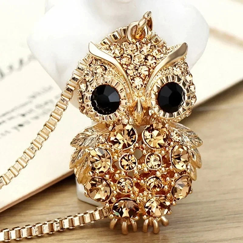 2024 New Korean Cute Sweater Chain Crystal Owl Necklace Long Women's Autumn and Winter Clothes Pendant Accessories