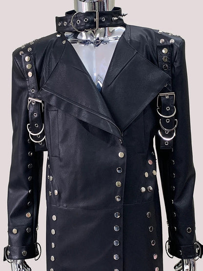Men’s Luxury Black PU Leather Trench Coat – Rivet Punk Designer Jacket | Longline Streetwear Overcoat (Spring/Fall)