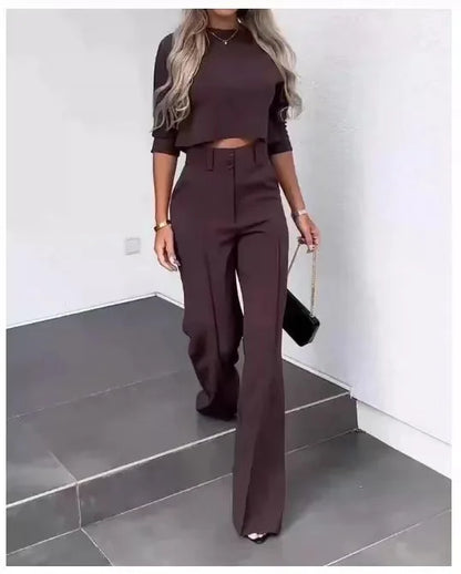 Casual Long Sleeve Shirt Pants Set Office Lady Spring Autumn Fashion