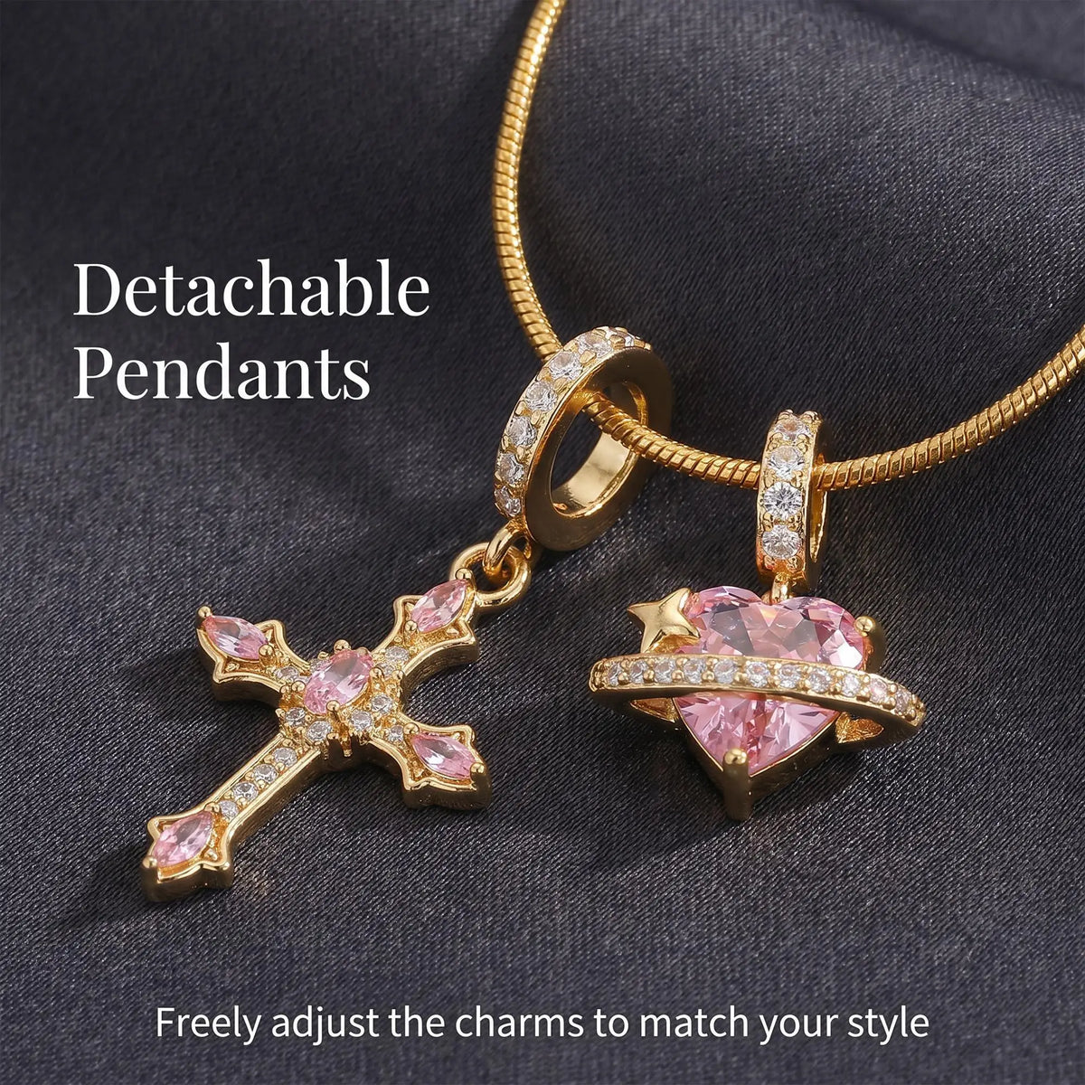 Heart Cross Pendant Necklace for Women Stainless Steel Necklace 14K Gold Plated Snake Chain Necklace with Pink Zircon Heart & Cross Charms, Hypoallergenic Dainty Layering Pendant Necklace Jewelry Gift for Women Girls Valentin