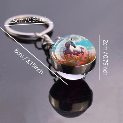 Horse Pattern Keychains White Brown Horse Racing Double Sided Glass Ball Pendant Key Chain Fashion Animal Jewelry Keyring Gift