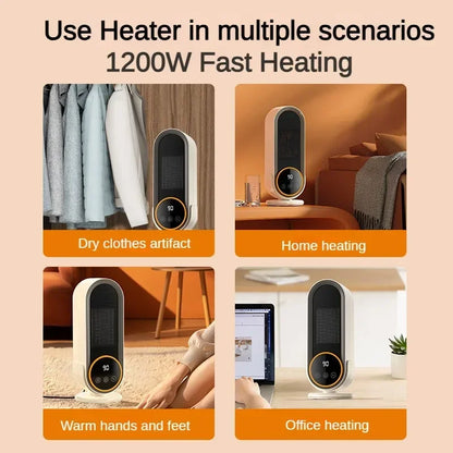 1200W PTC Portable Heater, 3-Speed Timer 30/60/90min, 2 Temp Settings, 3s Fast Heating, Overheat & Tip-Over Protection, Quiet