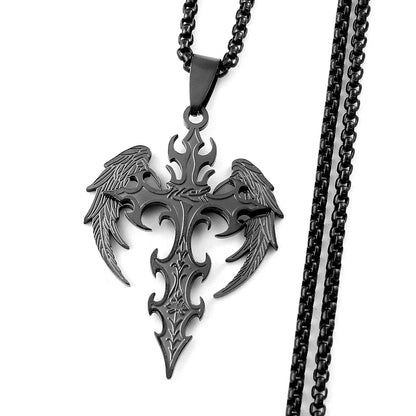 Gothic Punk Angle Wing Spiked Cross Pendant Necklace For Women Men Stainless Steel Black Color Hip Hop Chain Protection Jewelry