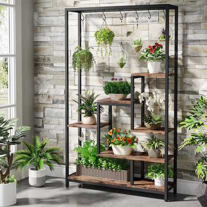 Tribesigns 5 Tiers Tall Indoor Plant Stand 70.9 inches Large Metal Plant Shelf with 10 PC S Hanging Hooks for Garden