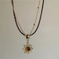 Vintage Leather Brown Stone Sun Pendant Beaded Choker Clavicle Chain Necklace For Women Unique Y2K Personalized Grunge Jewelry