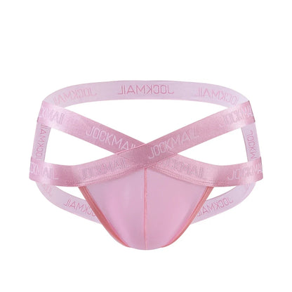 Men Jockstrap Briefs Panties V-shaped Low Waist Sexy Transparent Ice Silk Gay Underwear Sissy Thong Hip Lifting Straps Harness