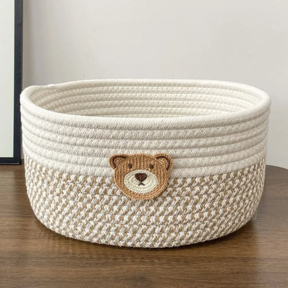 Cute Bear Fabric Storage Basket Woven Organizer Bin for Toys Clothes Home Bedroom Living Room Decorative Storage
