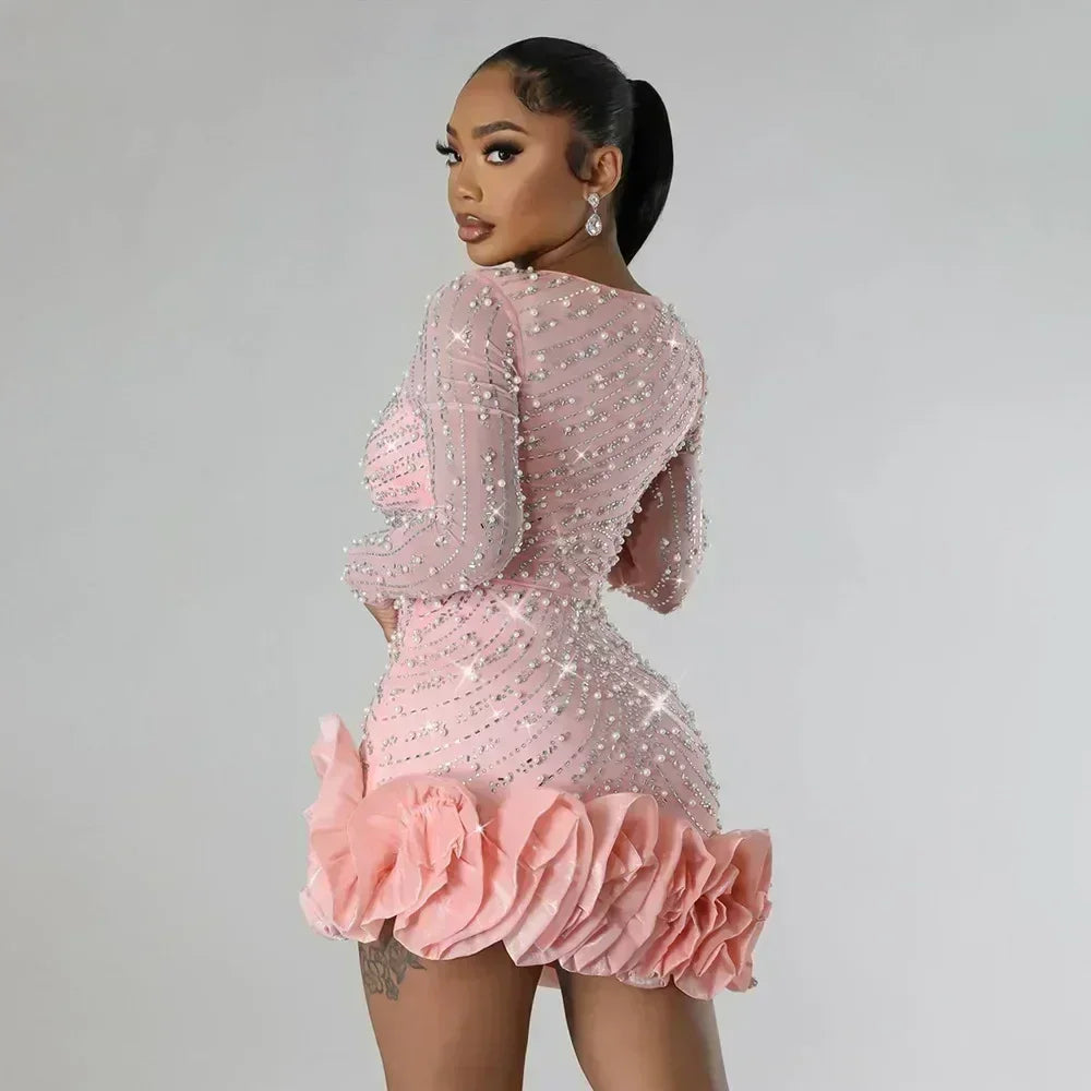 2025 Party Dresses Beading Diamond Long Sleeves Ruffles for women Shiny Elegant Wedding Guest Gown Occasion Celebrate Birthday