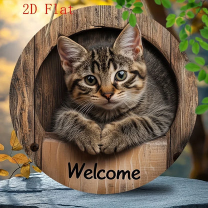 2D Graphic 2D Printed Wall Art - Cat Welcome Signs for Street, Courtyard, Shopping Center, Garage, Cafe, Family, Bar, Club, Kitchen, Restaurant, Laundry Room, Men's Cave, Gym, Bedroom, Farm, Farmhouse, Handmade Round Wood Dec