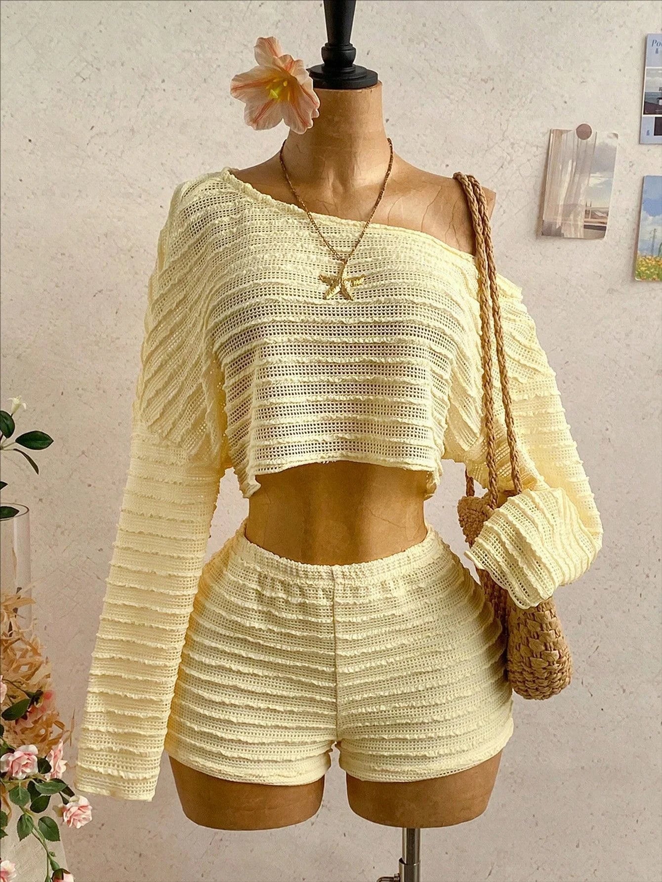 Boho Asymmetrical Off Shoulder Striped Knit Two Piece Set Women Long