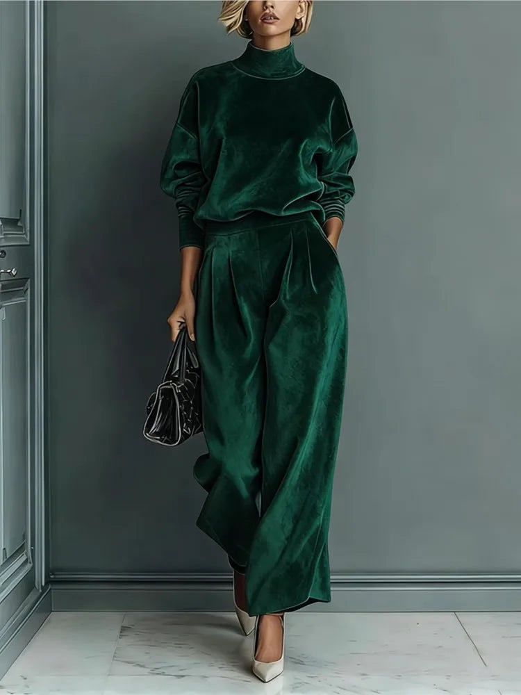 Autumn Winter Fashion High Collar Gold Velvet Long Sleeve Women's Suit