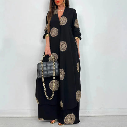 Women's Loose Long Vintage Printed Robe Set Spring Summer Casual Button Shirt Blouses Wide Legs Pants Oversized Two-piece Outfit
