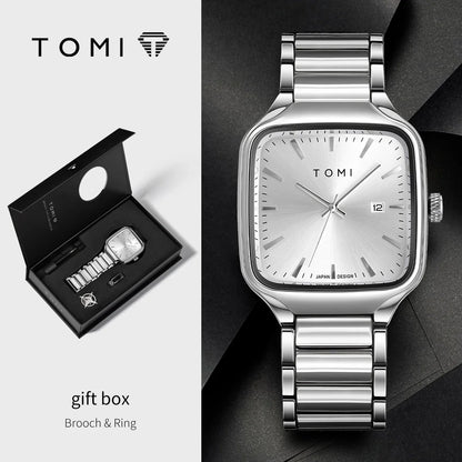 TOMI Men's Quartz Watch New Fashion Box Set Cufflinks Ring Fashion Set Box Watch as a Gift for Men's Gift Box