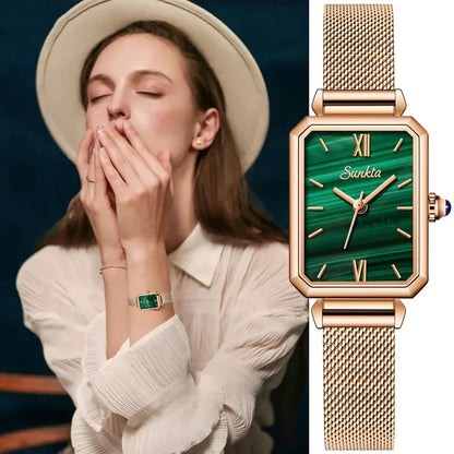 Women's Rectangular Quartz Watch with Mesh Band