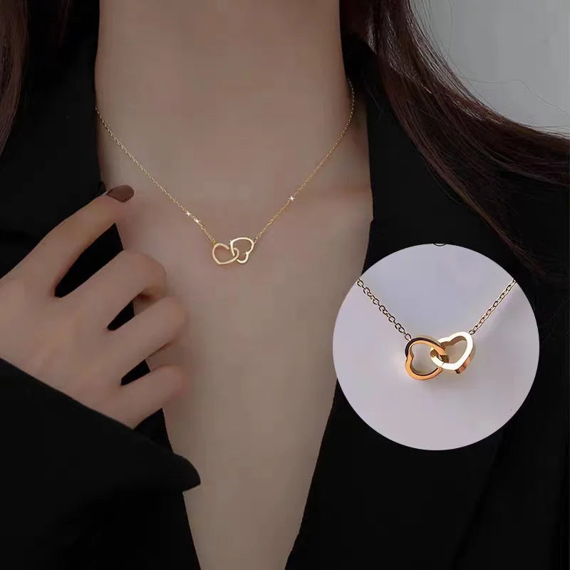 Romantic Double Heart Pendant Necklaces for Women Stainless Steel Charm Choker Necklace Gold Color Wedding Fashion Jewelry