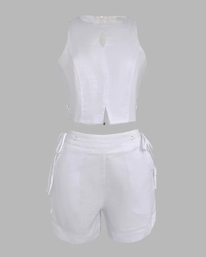 Two Piece Set Women Outfit 2025 Summer New Halter Sleeveless Hollow-Out Crop Tank & Casual Pocket Lace-Up Drastring Shorts Set