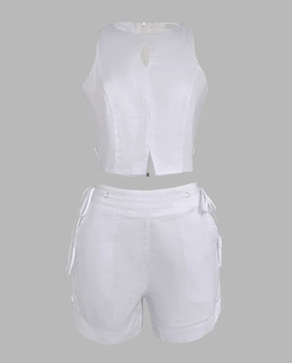 Two Piece Set Women Outfit 2025 Summer New Halter Sleeveless Hollow-Out Crop Tank & Casual Pocket Lace-Up Drastring Shorts Set
