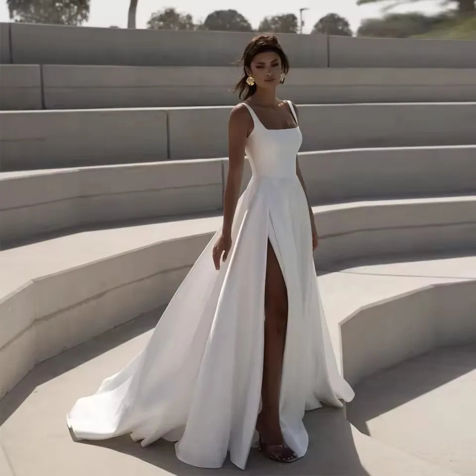 Customized Simple Square Wedding Dresses Sleeveless High Slit Half Open Back Bridal Growns A Line Satin Vestidos De Novia