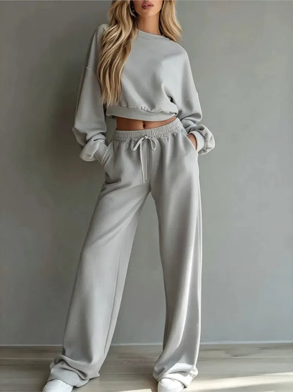 Autumn New Casual O Neck Long-Sleeved Ultra-Short Sweatshirt Trousers