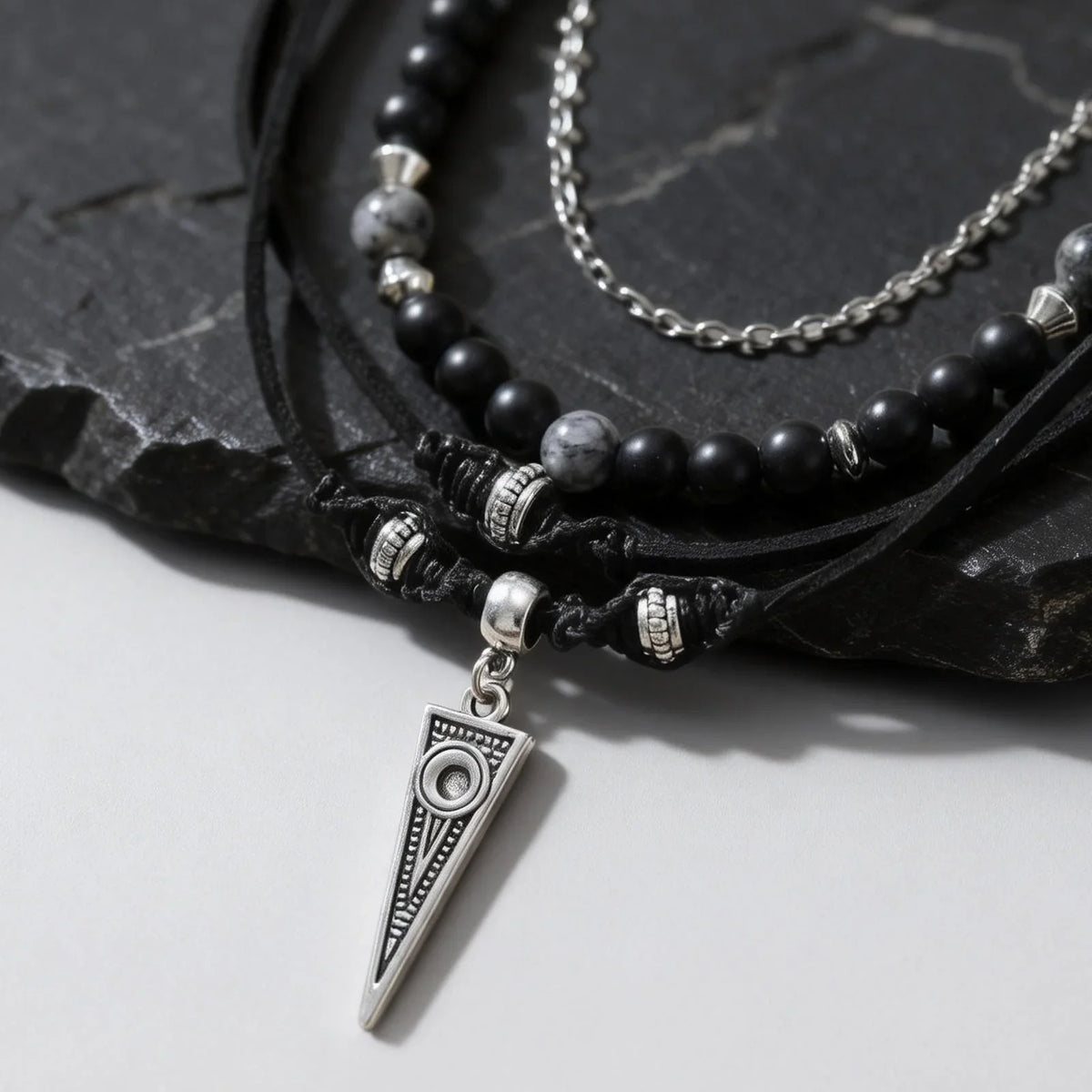 Rock Punk Layering Necklace for Men,Casual Multi Layer Black Leather Necklace,Waterproof Small Geometric Pendant Gift