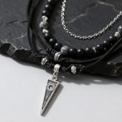 Rock Punk Layering Necklace for Men,Casual Multi Layer Black Leather Necklace,Waterproof Small Geometric Pendant Gift