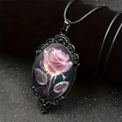 Charm Pink Flower Pendant Necklace Rose Pattern Glass Ellipse - A niche style suitable for Romantic Gifts and Special Occasions
