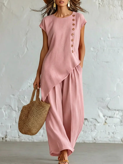 Women 2 Piece Set Elastic Waist Pocket Button Decorate Wide Leg