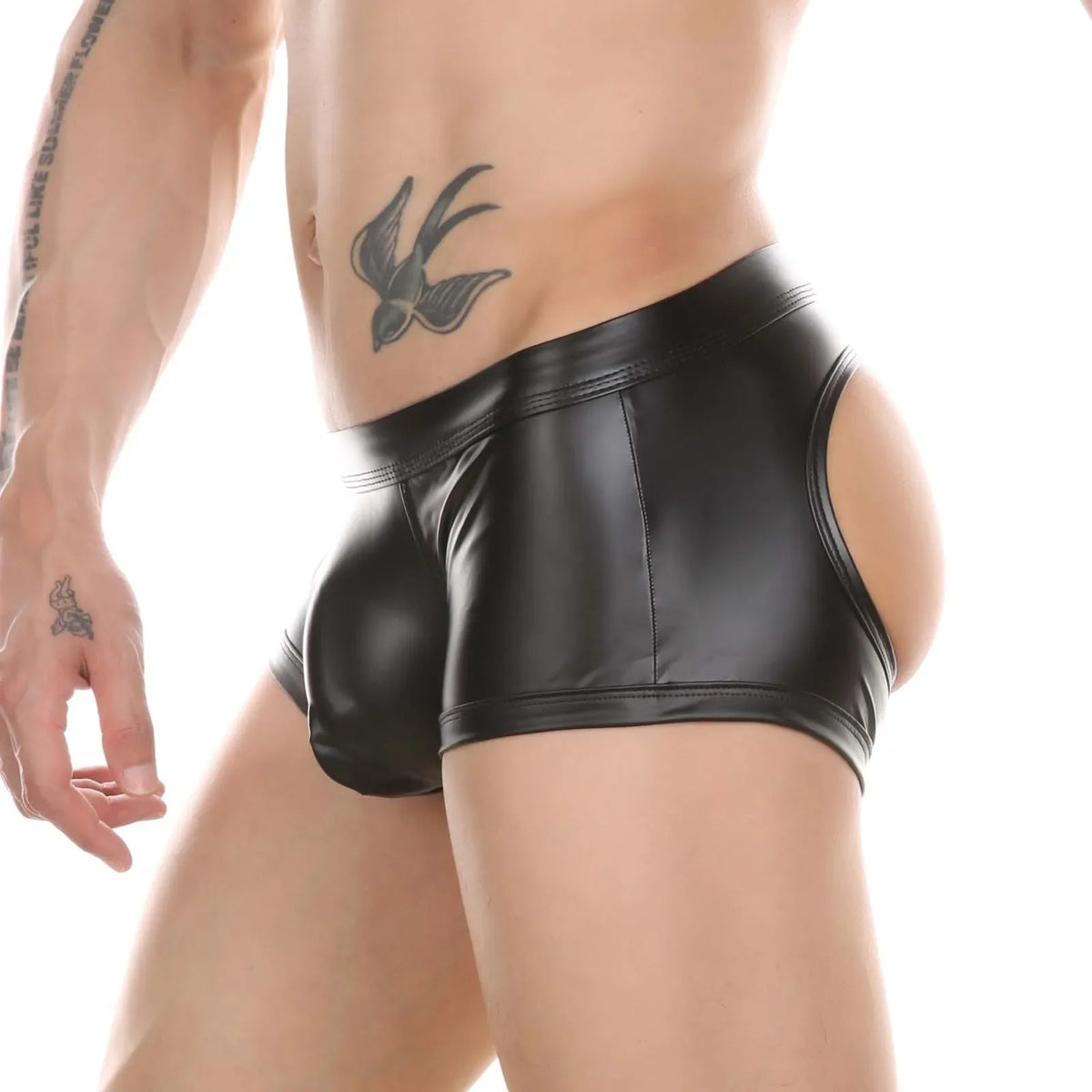 CLEVER-MENMODE Men's Boxers Faux Leather Underwear Wet Look Sexy Panties Open Butt G String Underpants Buttocks Boxershorts Club