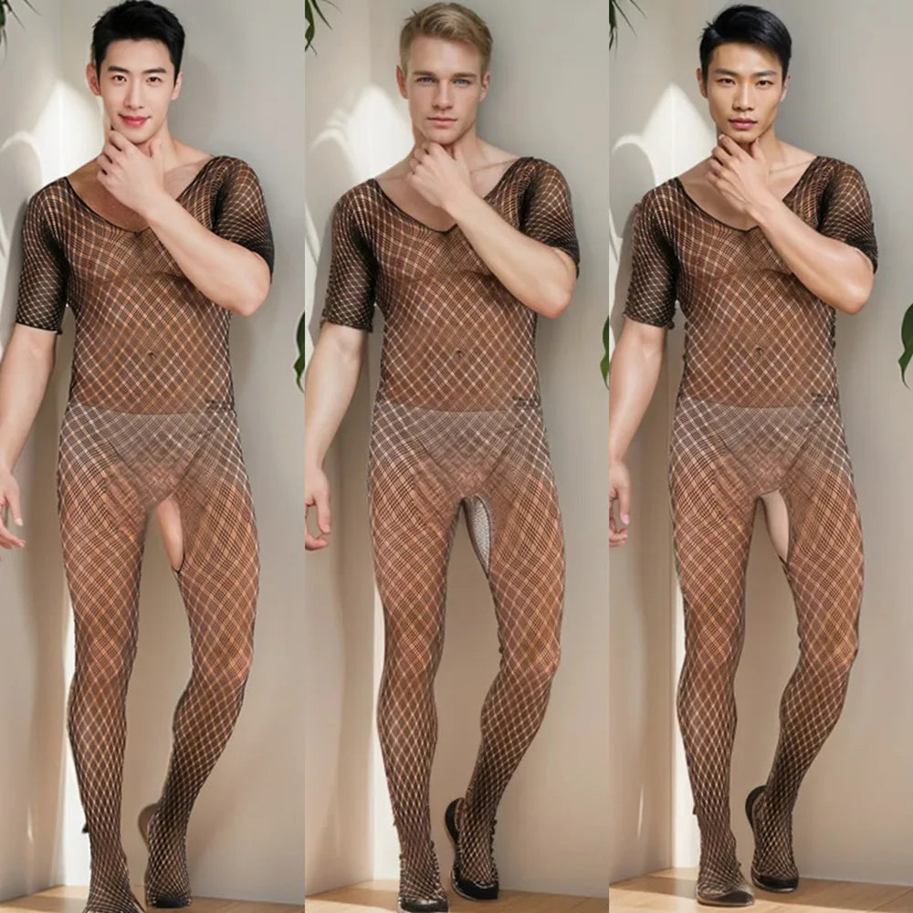 Sexy Adult Couple Sex Tоy 2025 Man's Fishnet Lingerie Jumpsuits Male Sheer Babydoll Nightwear Sleepwear Porn Gentlemen Underwear