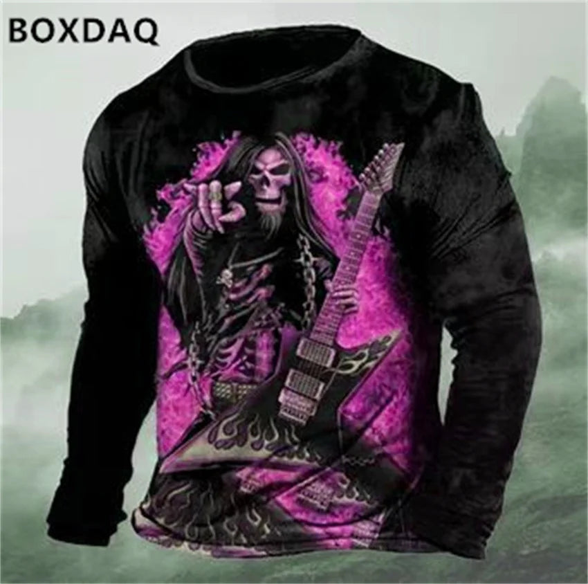Horror Skulls Style Men T-Shirts Spring Autumn Long Sleeve Rock Skull 3D Print Street Hip Hop Male Tees 6XL Big Size Casual Tops
