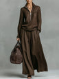 Elegant Solid Loose Two Piece Set Fashion Lapel Zipper Pullover & Wide-leg Pant Suit Women Casual Long Sleeve Outfits