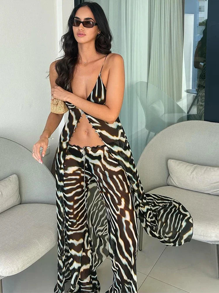 Beach Print Top Pants Women Set Sexy Sling V-Neck Long Blouse Wide Leg