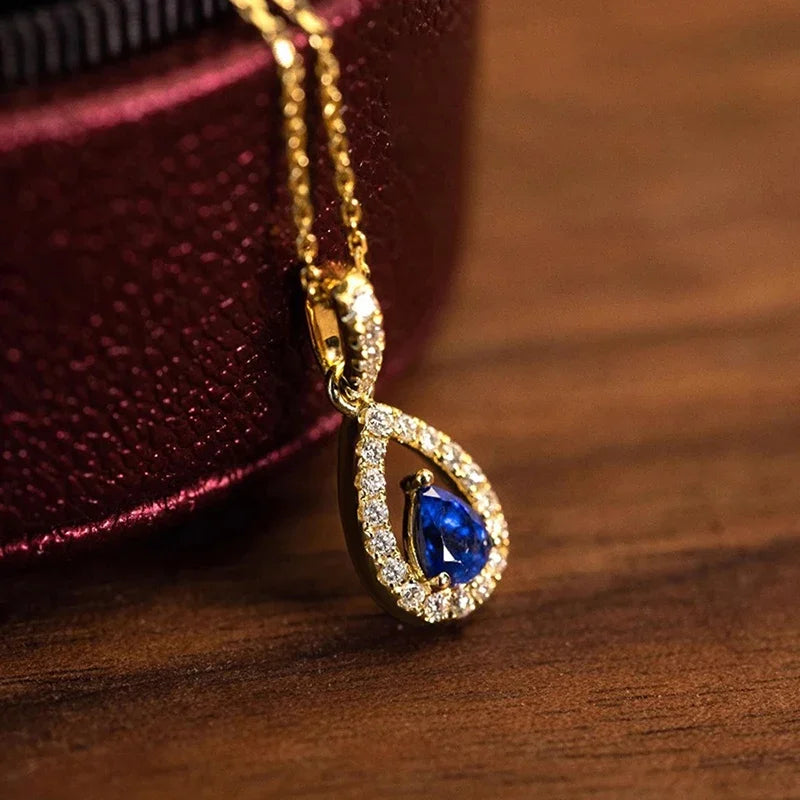 Huitan Gold Color Waterdrop Pendant with Blue Cubic Zirconia Necklace for Women Temperament Accessories Wedding Trendy Jewelry