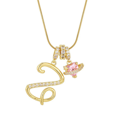Fashion Letter Necklace for Women Pink Zircon Heart-shaped Pendant Suitable for Girls to Wear Personalized Gold-plated Jewelry