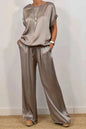 Summer Satin Two Piece Sets For Women V Neck Bat Sleeve Top Casual Loose Lace Up Wide-leg Pants 2 Piece Suit Female Home Outfits
