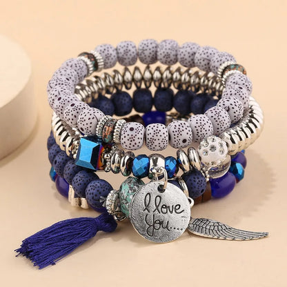 4Pcs/Set Fashion Crystal Stone Beads Chain Bracelet Set For Women I Love You Feather Tassel Charm Elastic Bangle Female Jewelry
