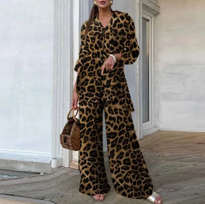 Autumn Fashion Leopard Print Women's Suit Two-Piece Retro Street Print