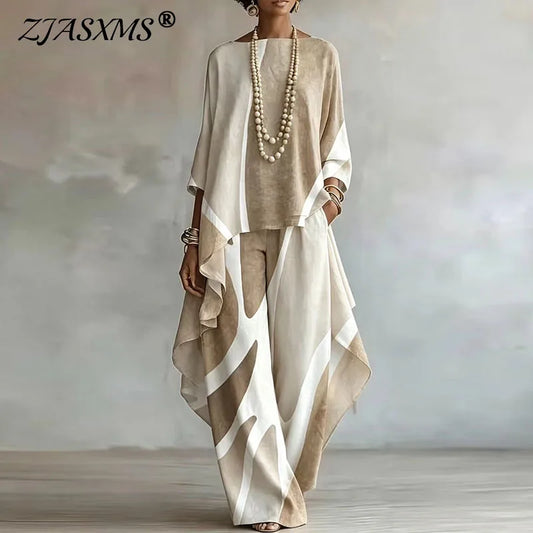 Elegant Contrast Color 2 Piece Set Vintage Irregular Top & Wide Leg Pants Suit Crinkle Women Boho Casual 3/4 Sleeve Loose Outfit