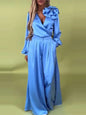 Fashion Solid Color Satin Long Sleeve Shirt Women 2 Piece Spring Autumn New Casual Loose Wide Leg Pants Pocket Female Office Set