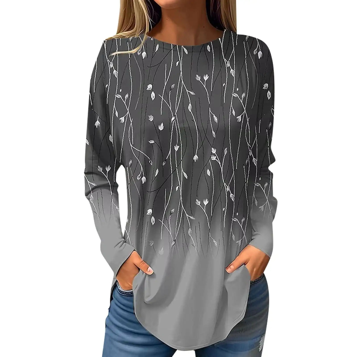 2024 women's fashion tops long sleeve round neck pullover casual long sleeve t-shirt new 3d printed gradient printed t-shirt