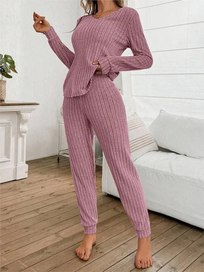 Casual V-Neck Knitted Pit Strip T-Shirt Long-Sleeved Womes Suit Autumn