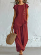 Women 2 Piece Set Elastic Waist Pocket Button Decorate Wide Leg