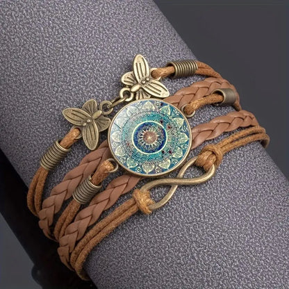 Classic Mandala Butterfly Infinity Charm Bracelet Vintage Multilayer Brown Woven Leather Bracelets For Women Men