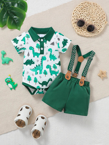 Baby Boy Summer Outfit 2-Piece Set Cartoon Dinosaur Print Polo Short