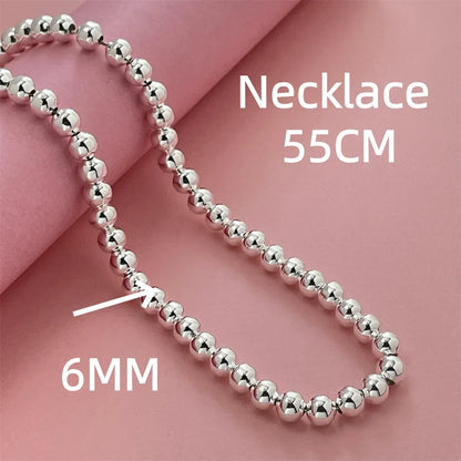 925 Sterling Silver Round Bead Chain Necklace 4/6/8mm Smooth Ball Beads 40-60CM Choker Necklaces for Women Daily Jewelry