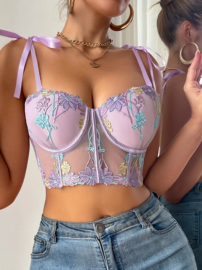 1Pcs Women's Sexy Bra Mesh Bustier Crop Top Floral Embroidery Push up Bra Hollow Out Lace Ladies' Underwear