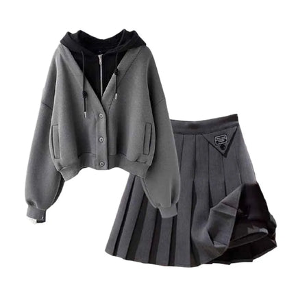 Hooded Zipper Top & Pleated Skirt Set Streetwear