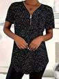 plus size women's summer new short sleeved casual polka dot top V-neck zipper curved hem T-shirt daily essential